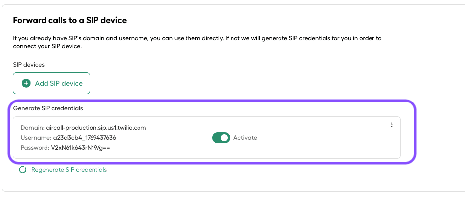 Image showing the SIP credentials