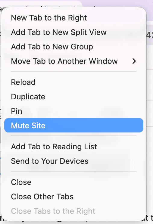 Image showing the mute site option in google chrome