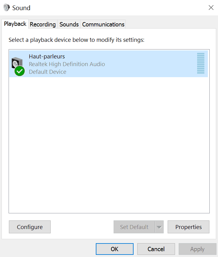 Image showing the playback tab in Windows sound settings