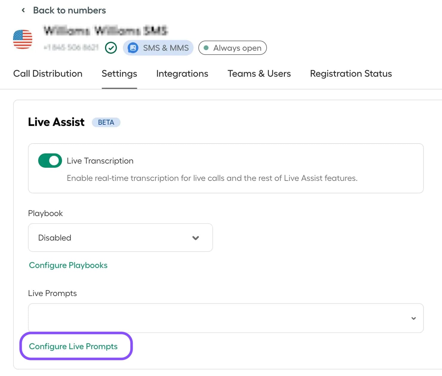 Image showing where to find: configure live prompts