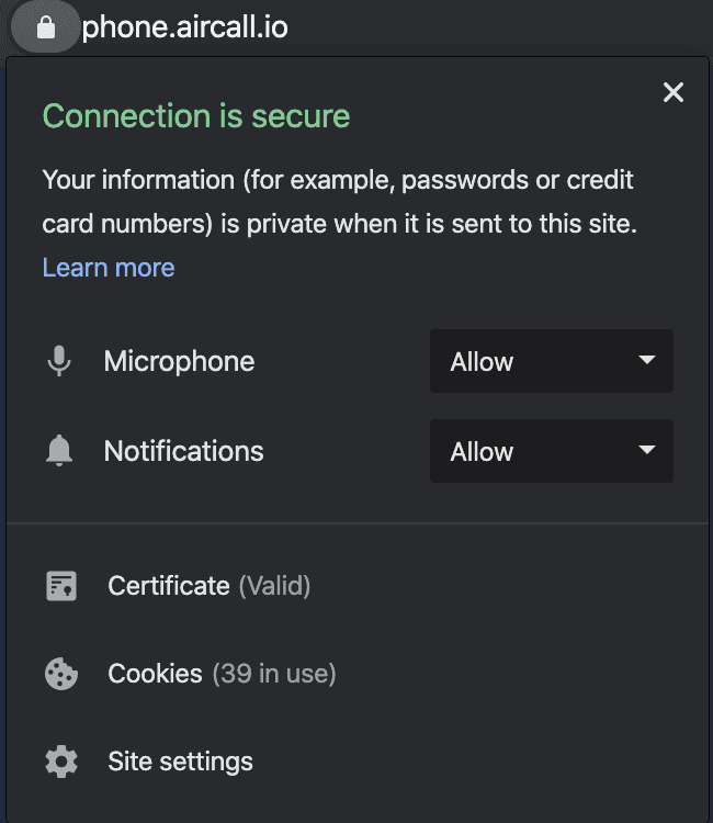 Image showing where to find the option to allow microphone and notifications in Chrome