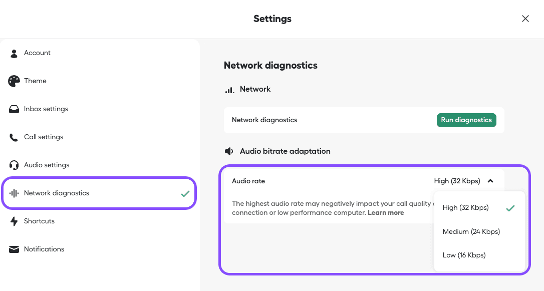 Image showing Audio rate option in Network diagnostics