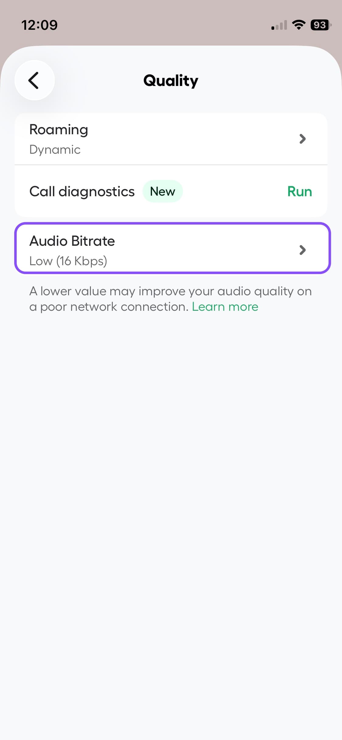 Image showing the Audio bitrate option under Quality section