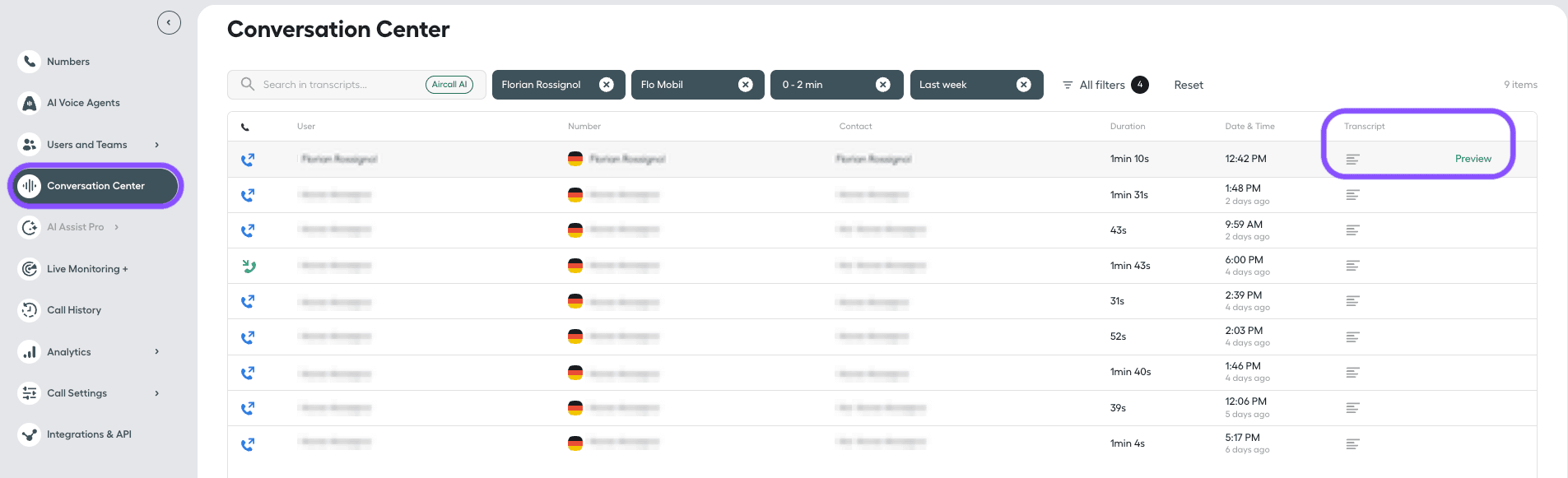 image showing how to access the transcript from the conversation center