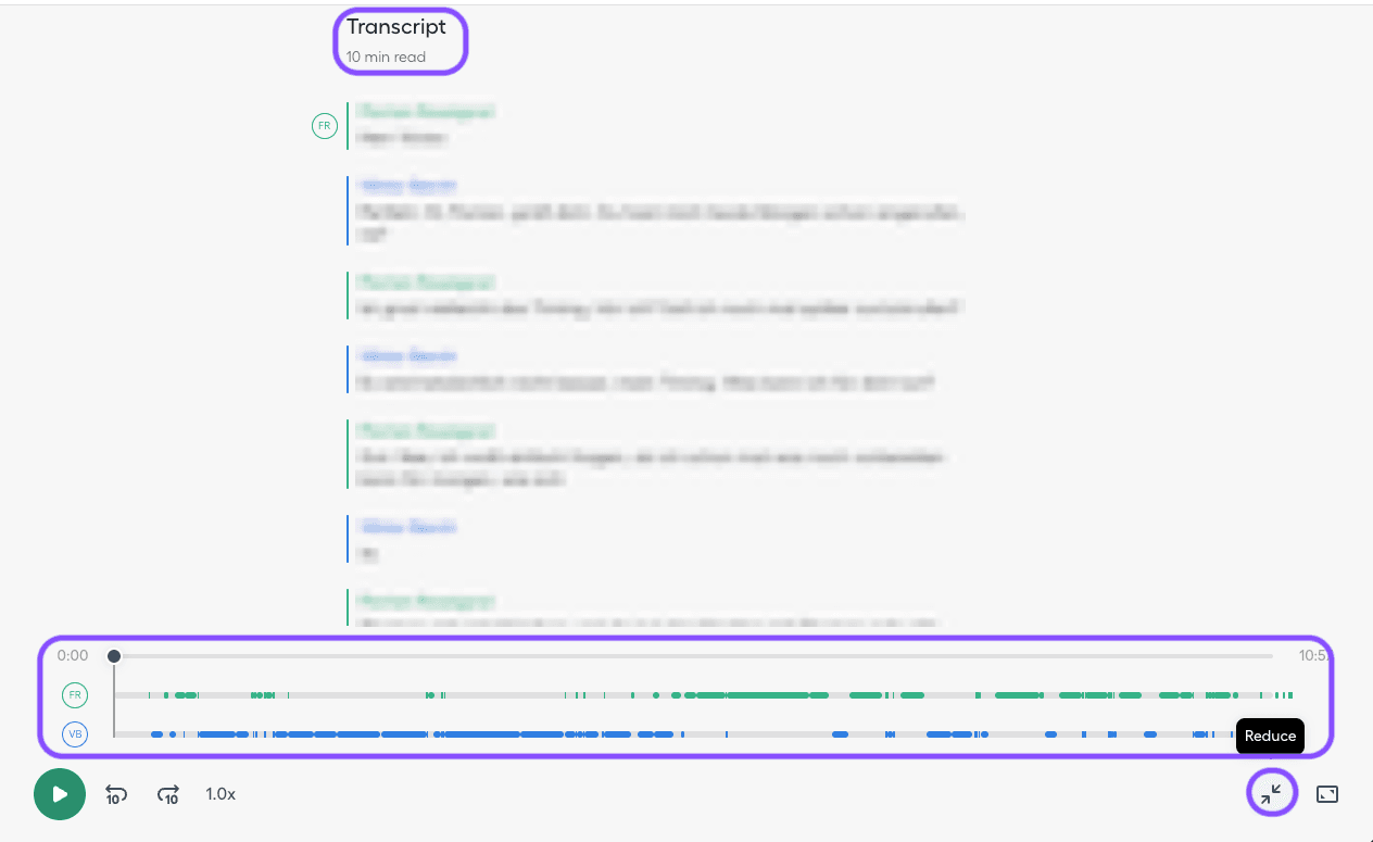Transcript functionality view