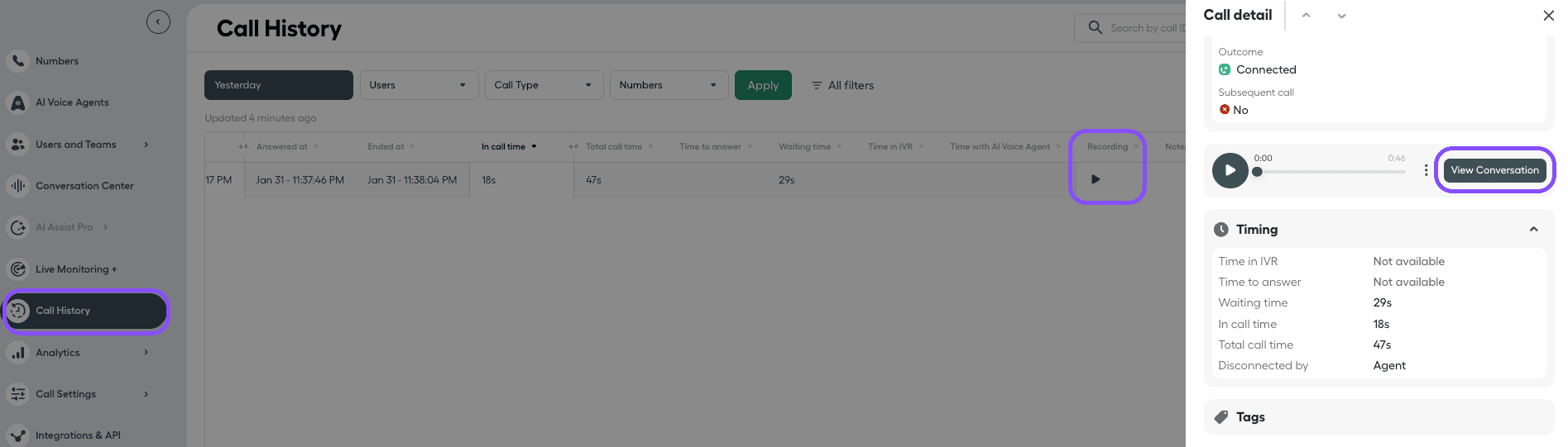 Image showing how to access transcripts from call history