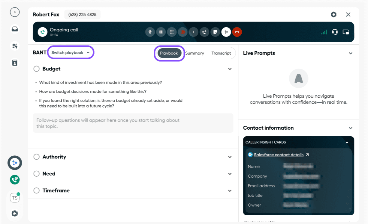 Image showing where to switch playbooks during a call