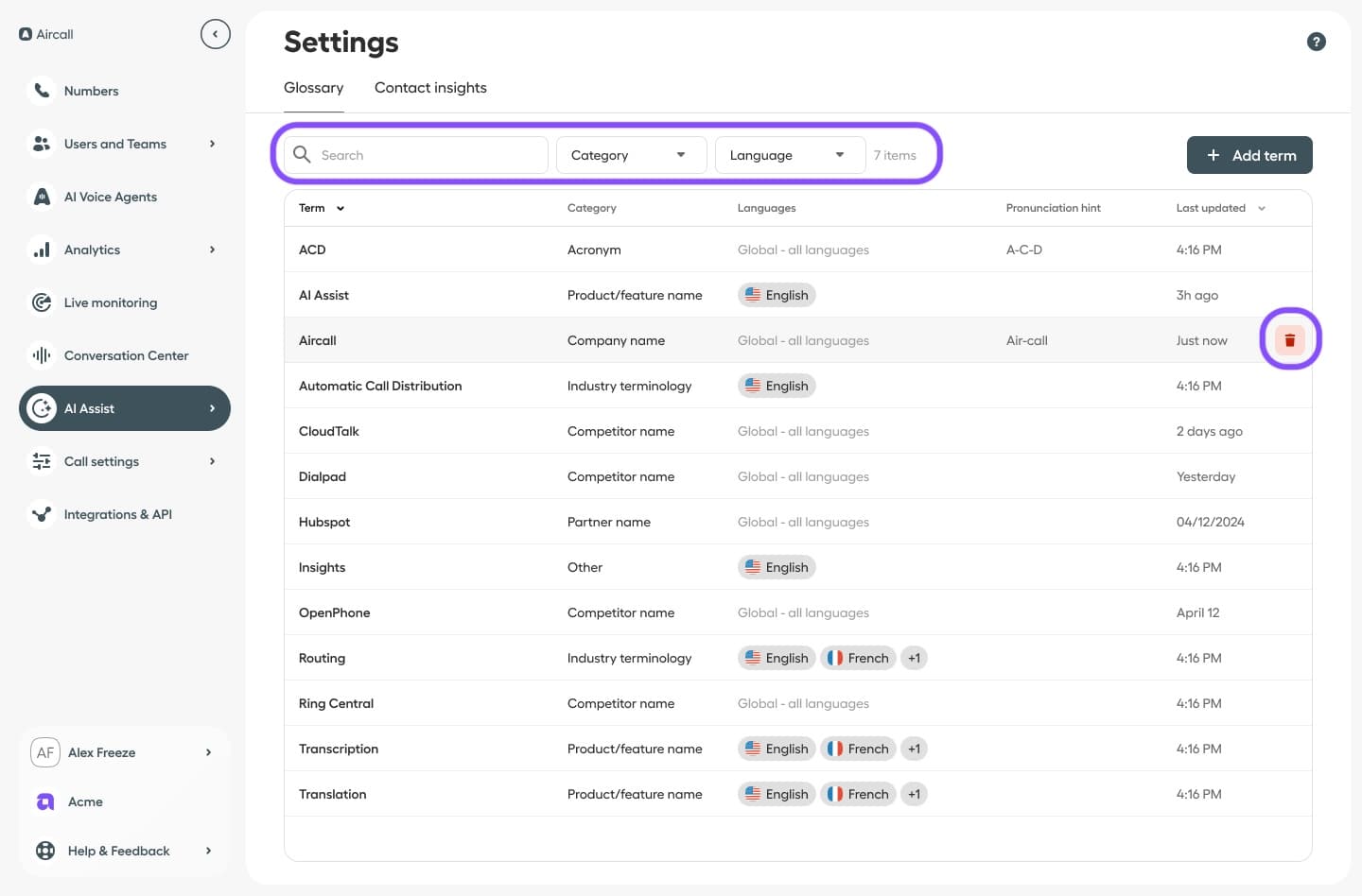 Image showing filters and delete button in the glossary tab