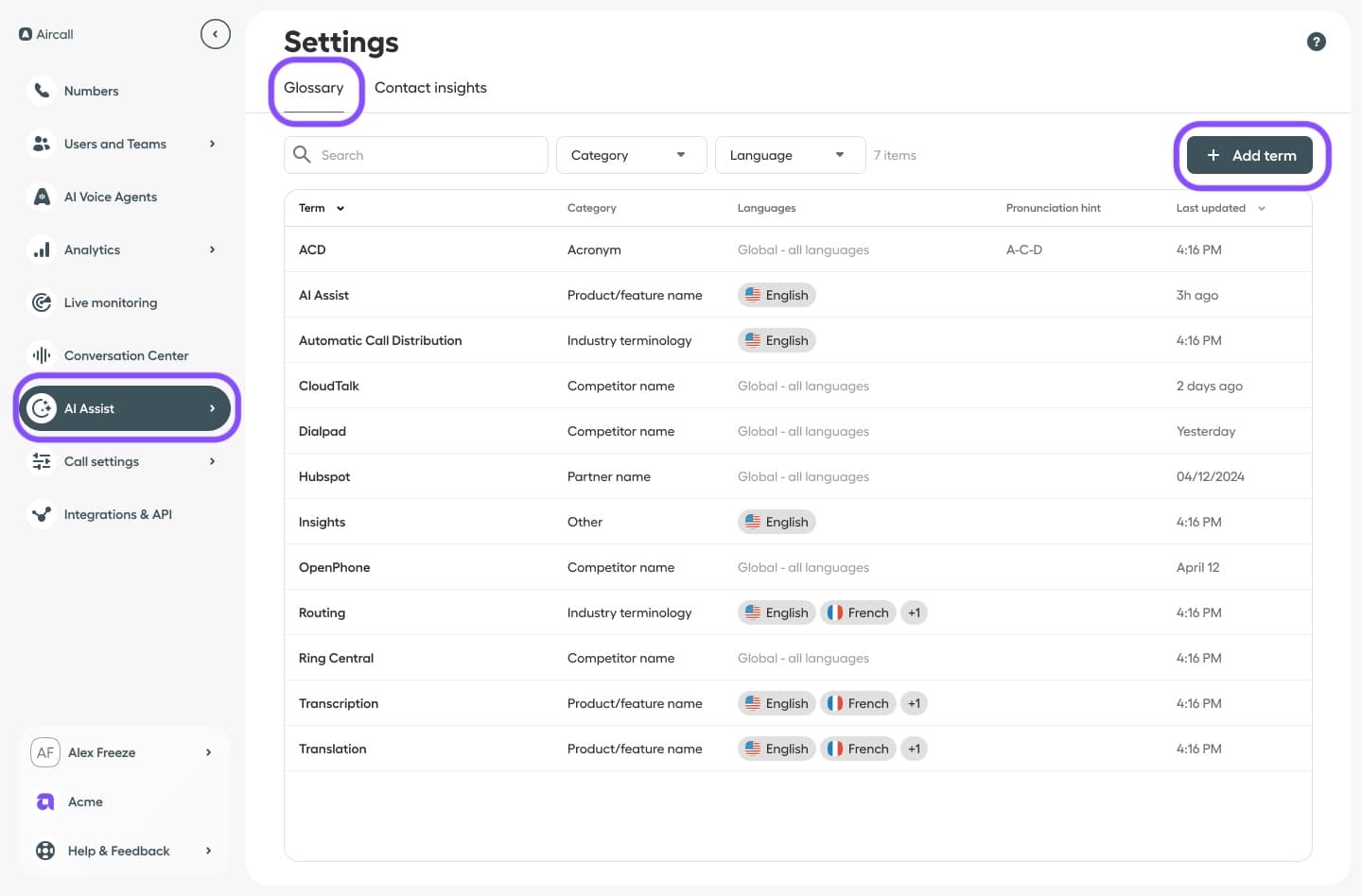 Image showing the path to add a term in AI Assist glossary