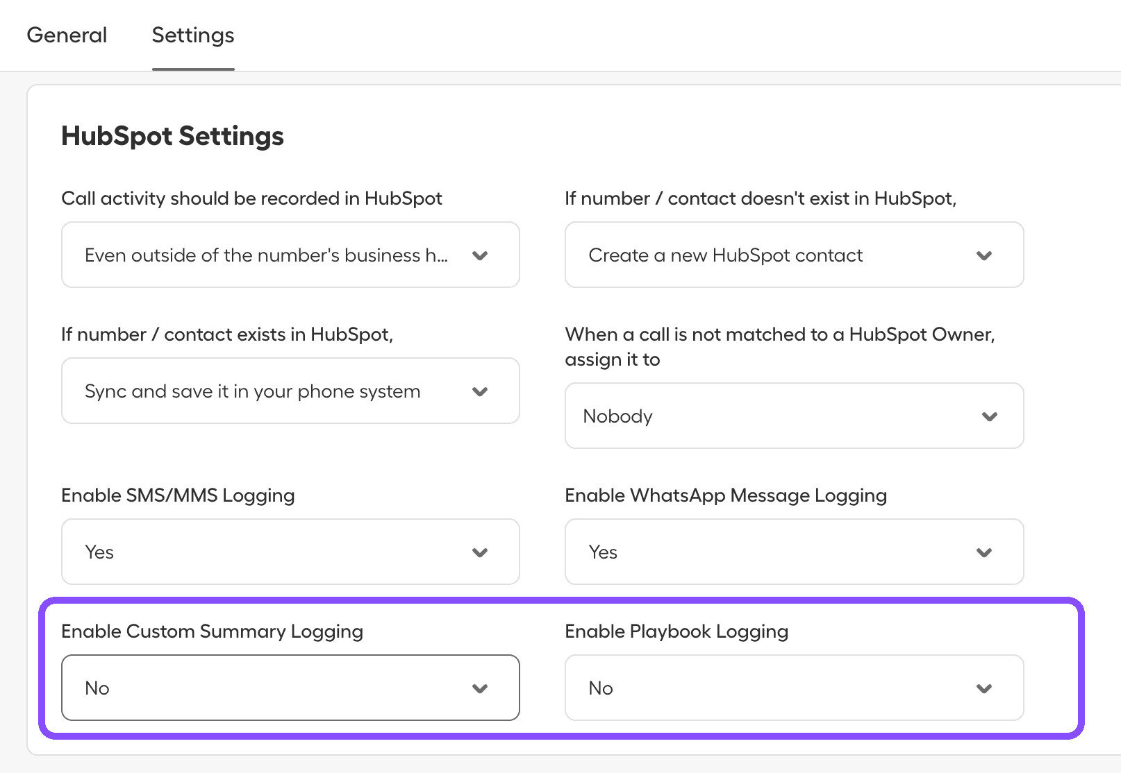 image showing Hubspot settings for AI logging