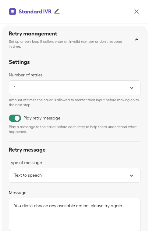 image showing retry management settings