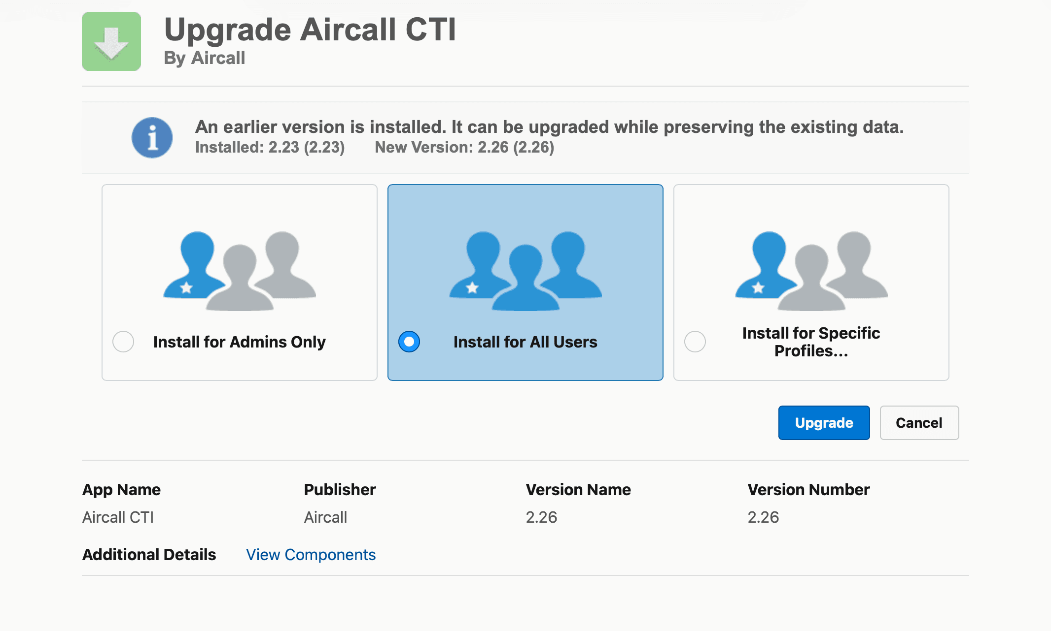 Image showing how to upgrade Aircall CTI