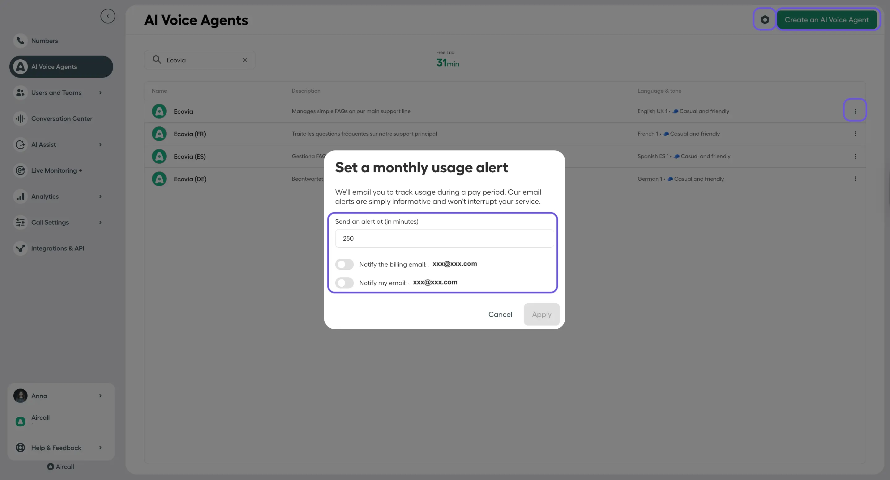 Aircall Dashboard showing AI Voice Agents list with a popup to set a monthly usage alert by minutes and email notifications.