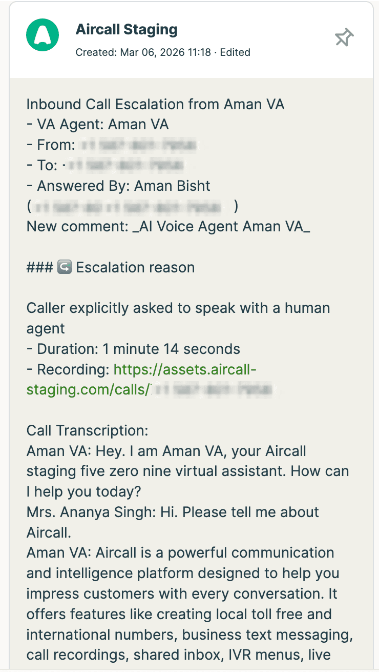 transfer answered logging