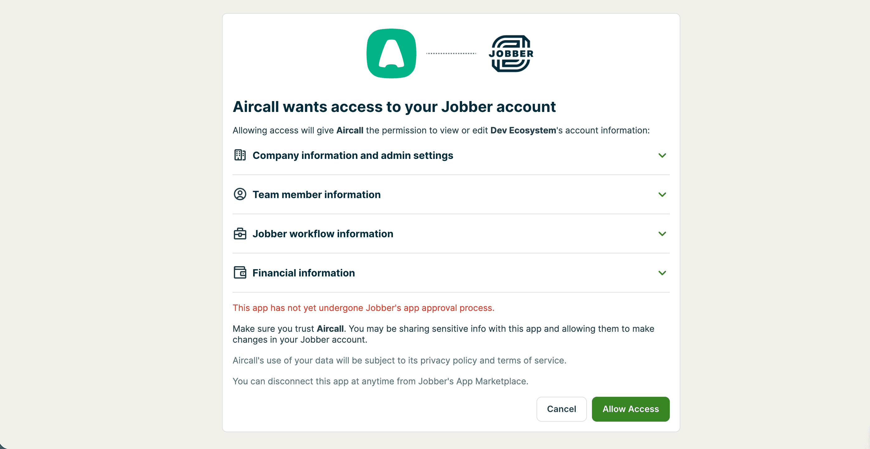 jobber allow access screen