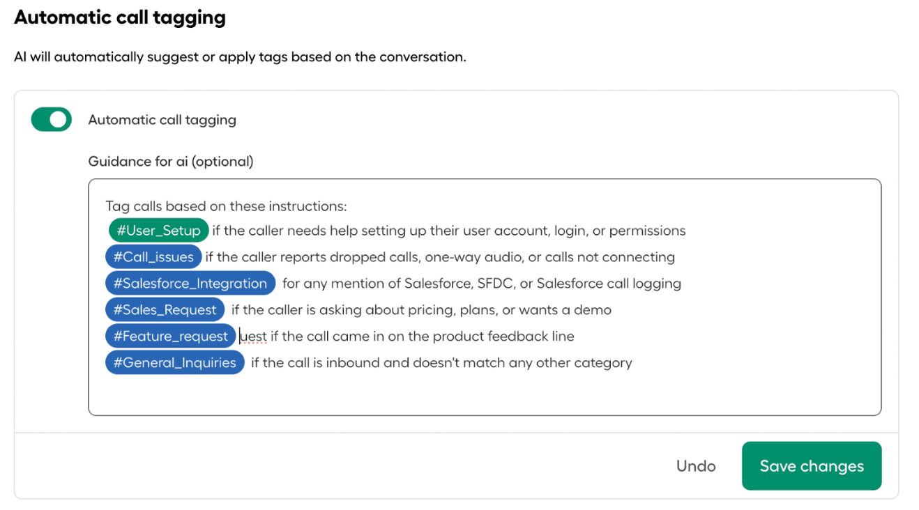 The number Settings page showing the Automatic call tagging section with the enable toggle.png