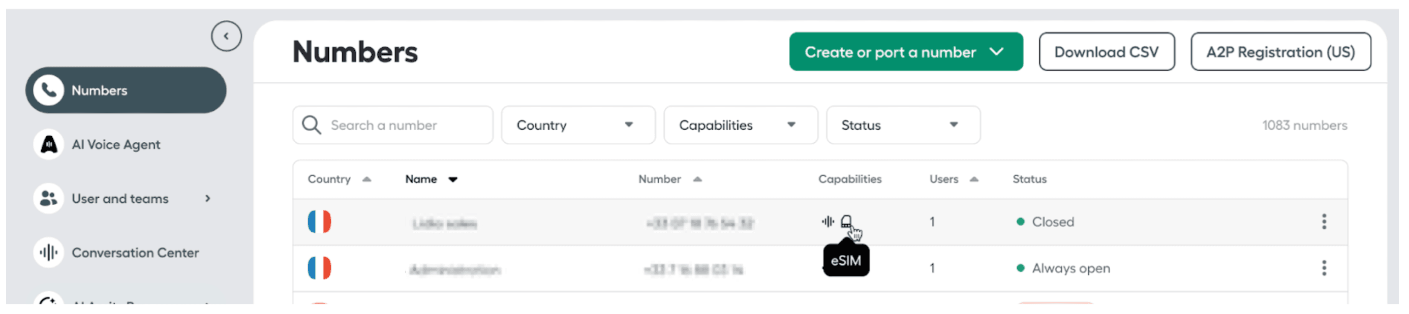 check the eSIM option from the numbers list