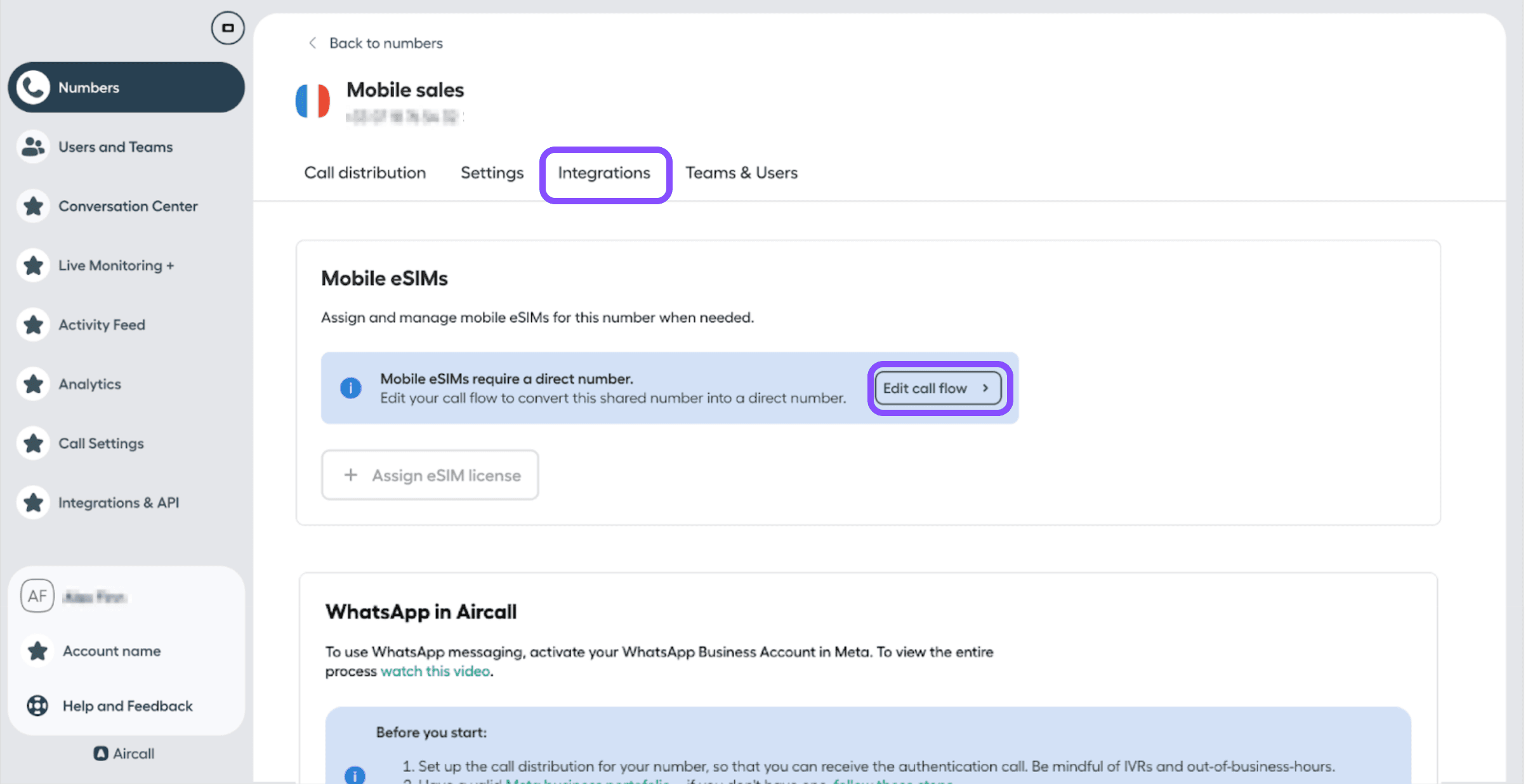 edit call flow under integrations
