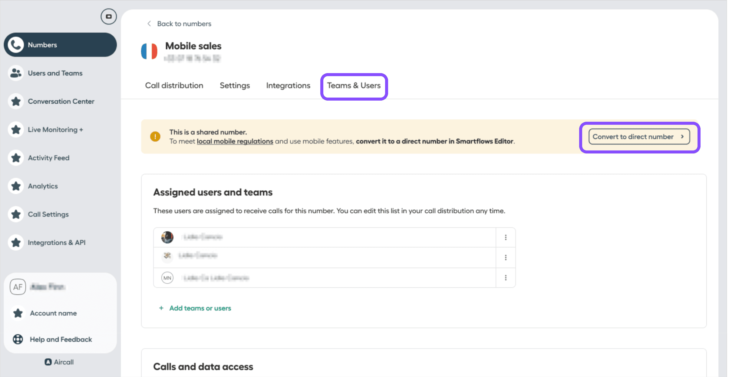 convert to direct number under Team & users