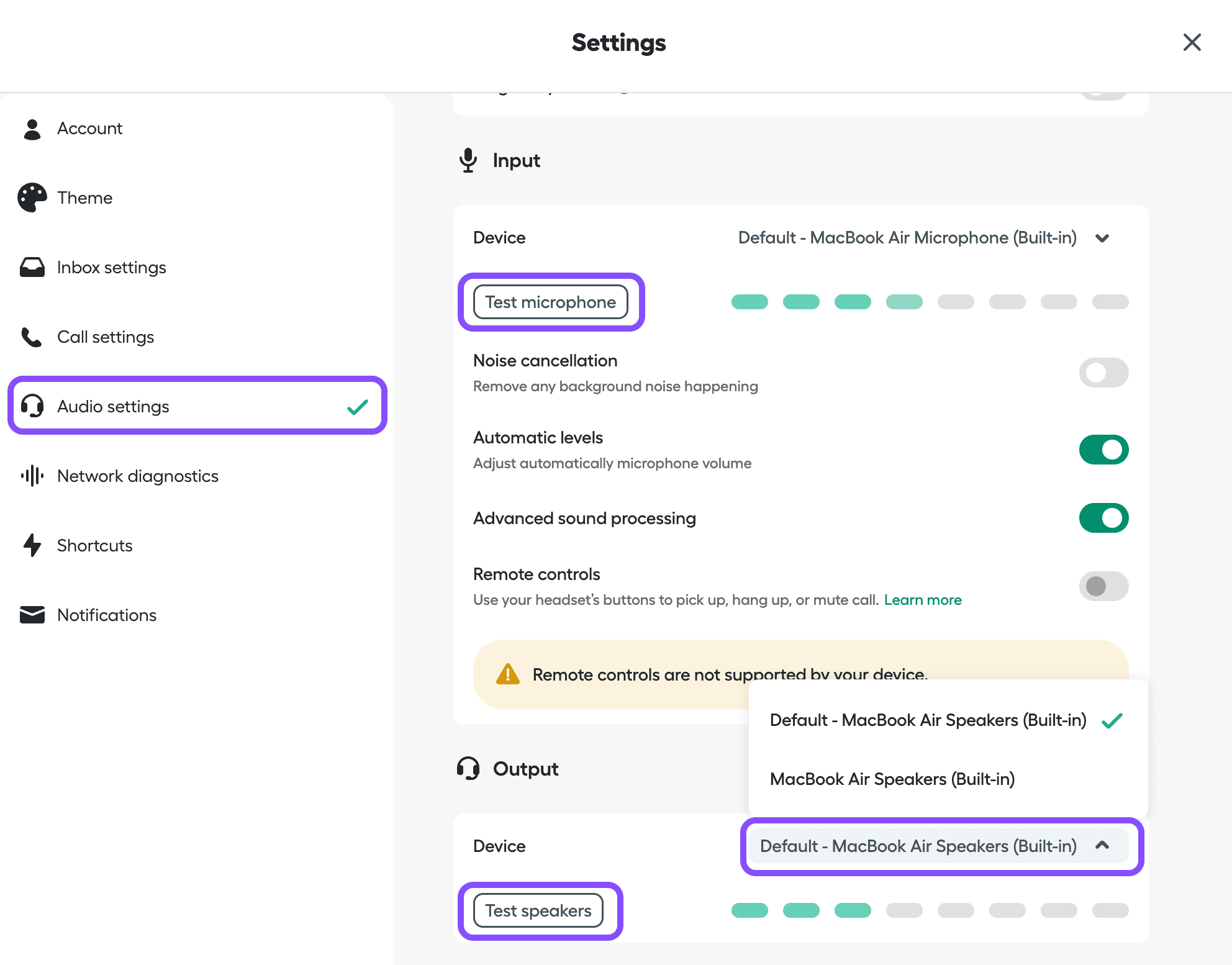 image showing audio settings