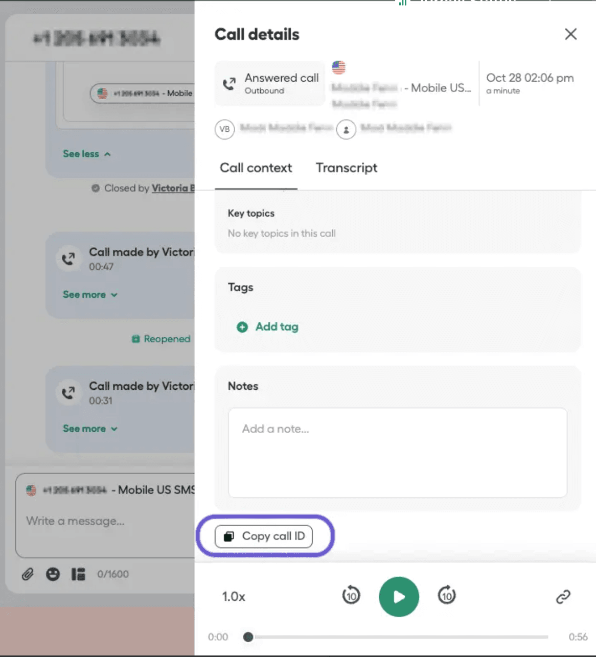 Image showing copy call ID button