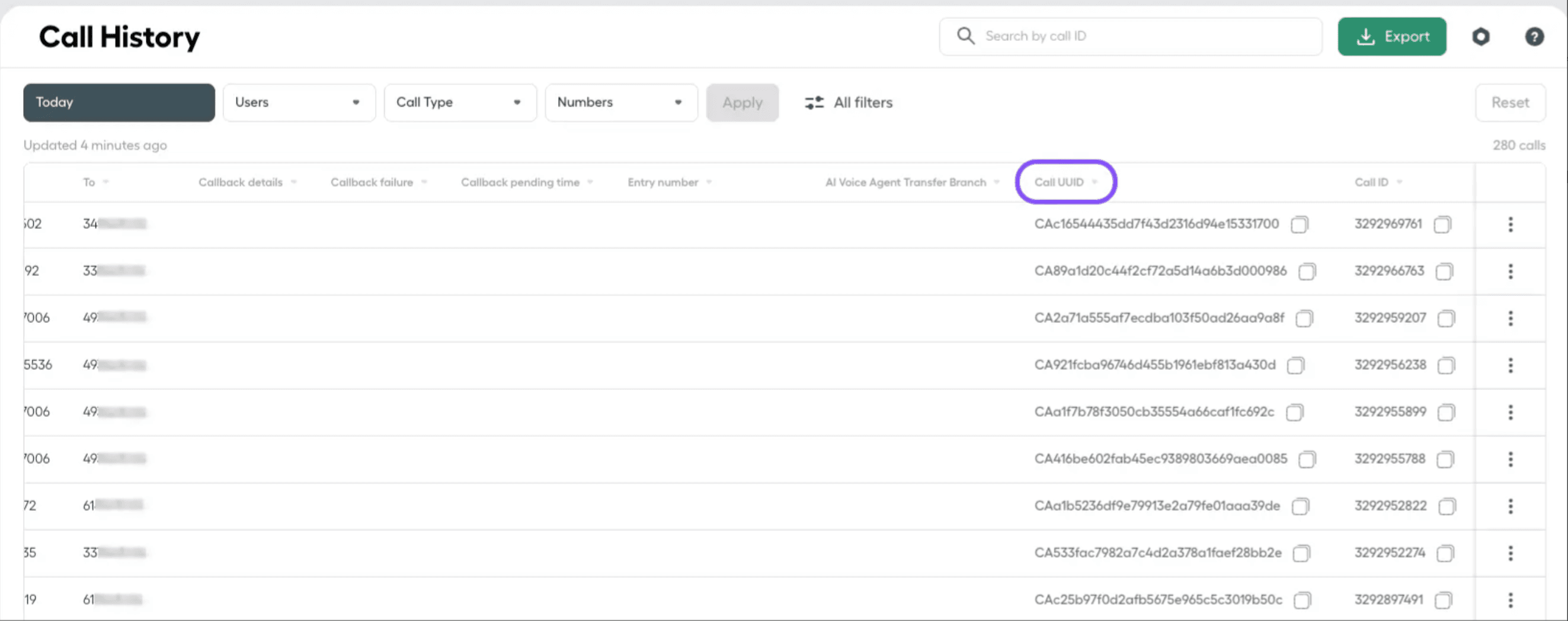 Image showing call ID column