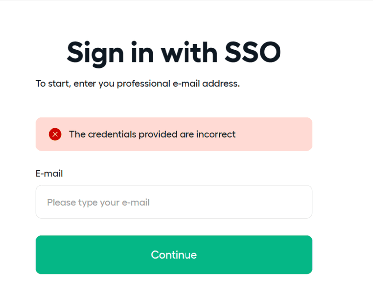 Pagina di accesso Single Sign-On di Aircall che mostra un messaggio di errore indicante credenziali errate, con campo per l'indirizzo email e pulsante Continua.