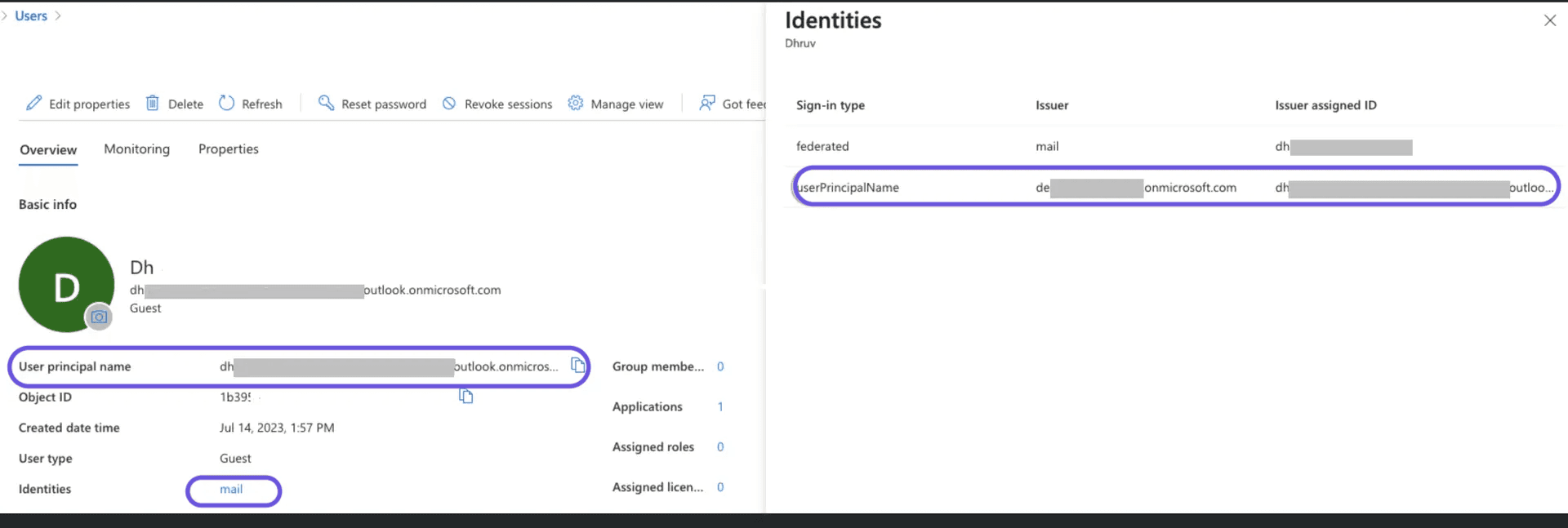 Vista del profilo utente di Microsoft Entra ID che mostra il nome dell'entità utente e le informazioni sulle identità evidenziate per la risoluzione dei problemi del Single Sign-On di Aircall..png