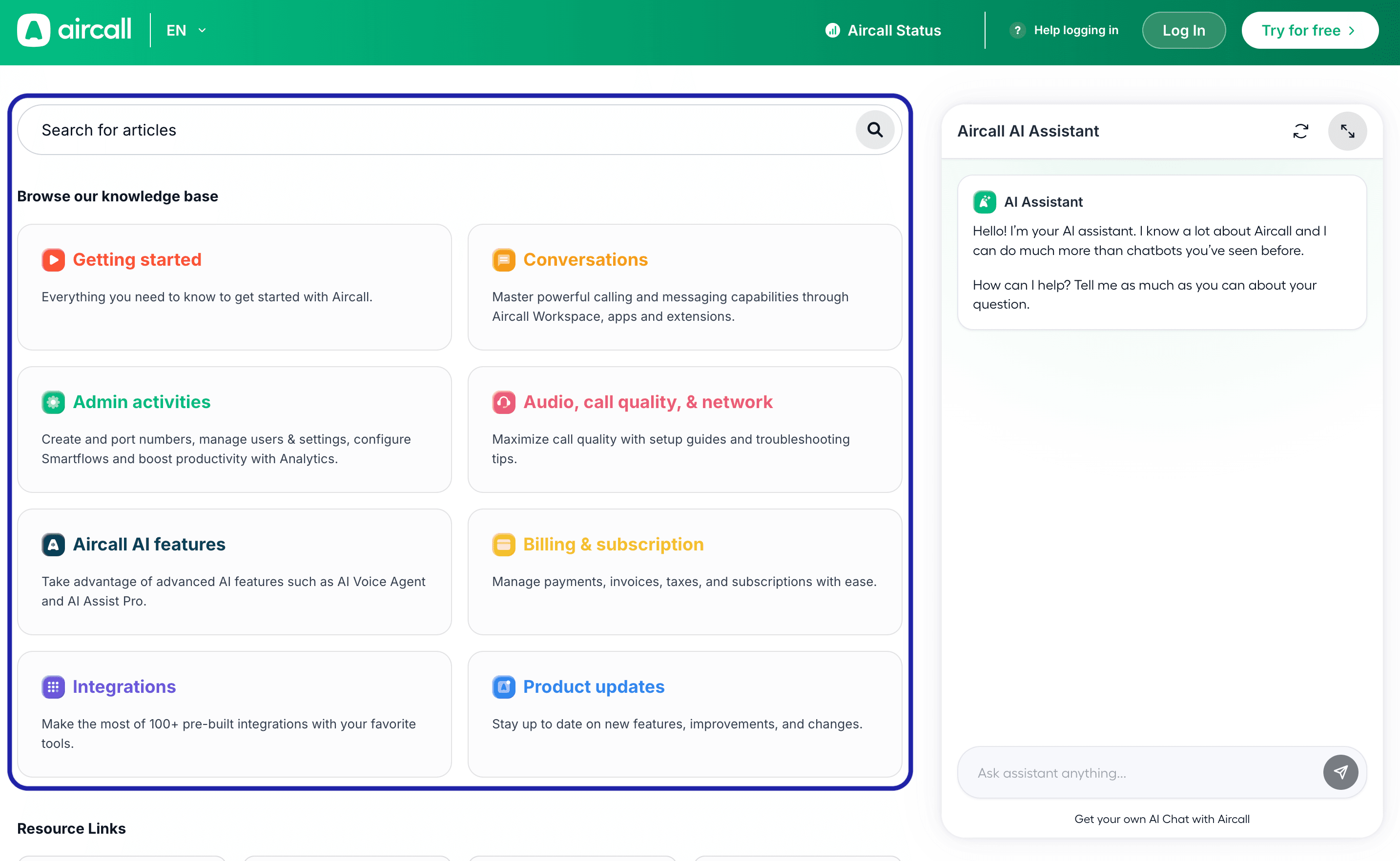 Aircall support portal main page where users can access knowledge base articles. 