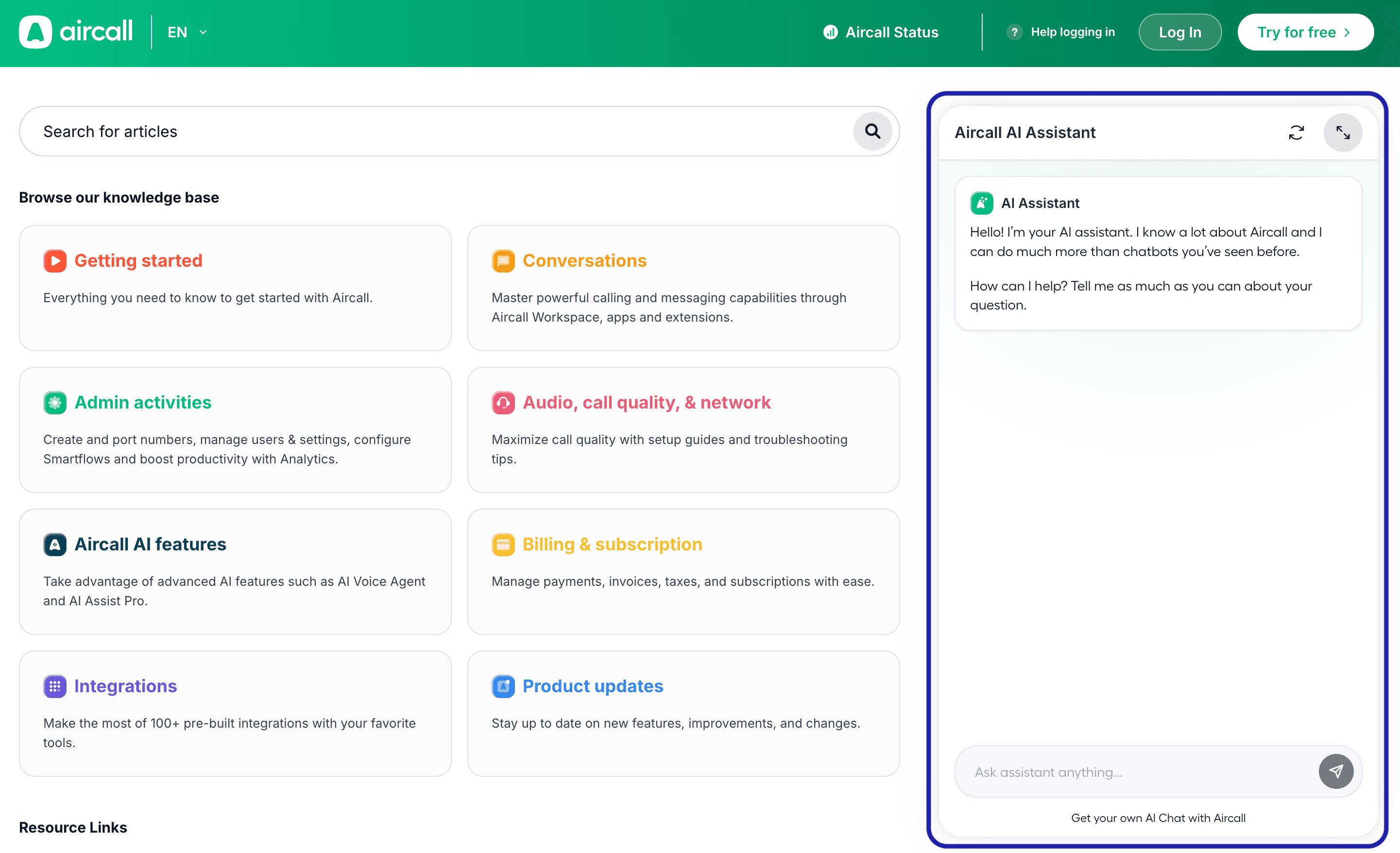 Aircall support portal main page where users can access to chat with AI Assistant