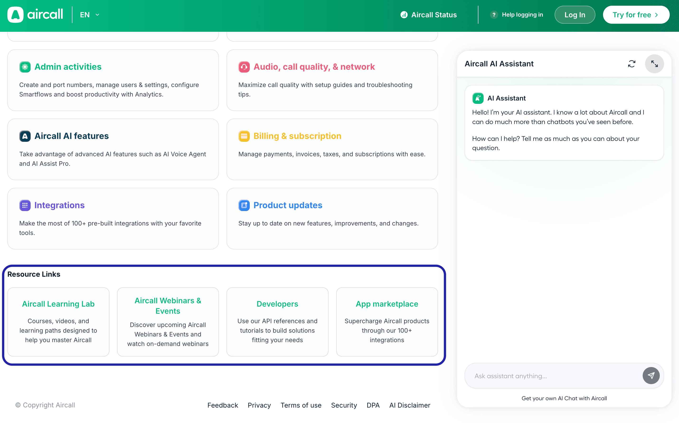 Aircall support portal main page where users can access Recourse links to learn more about Aircall