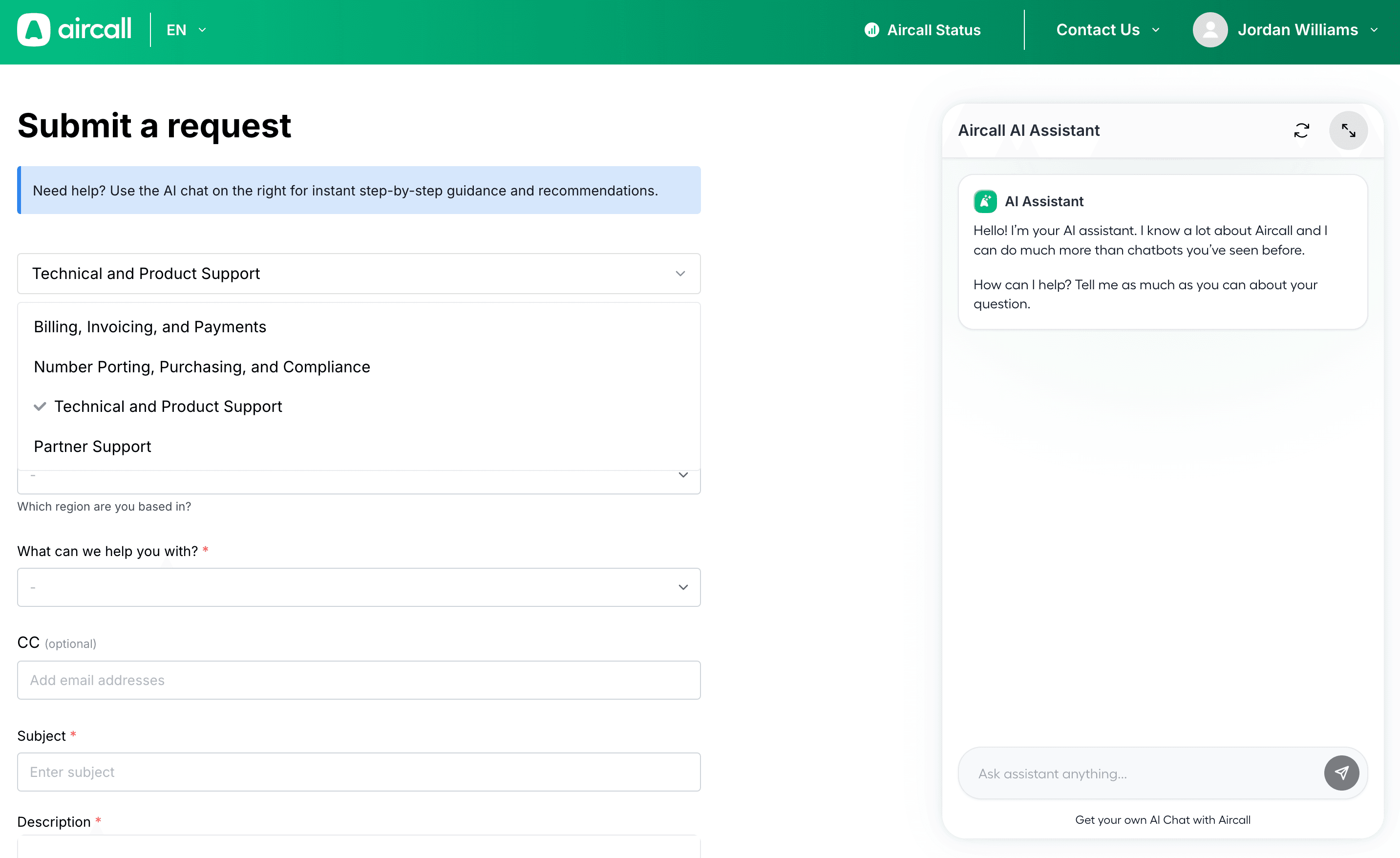 Submit a request page with one of the Aircall teams: Billing, Porting or Product Support