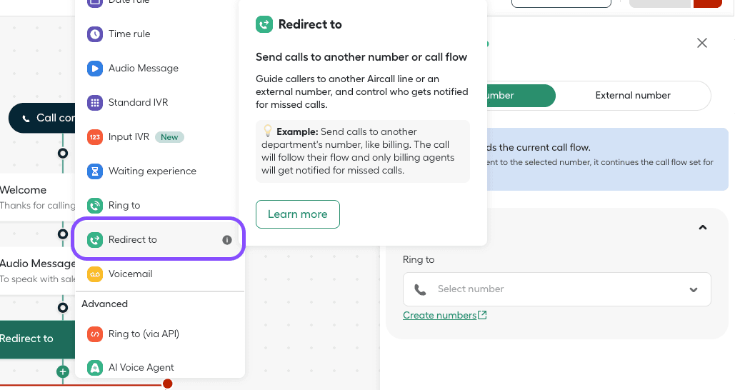 Immagine che mostra il widget Reindirizza a