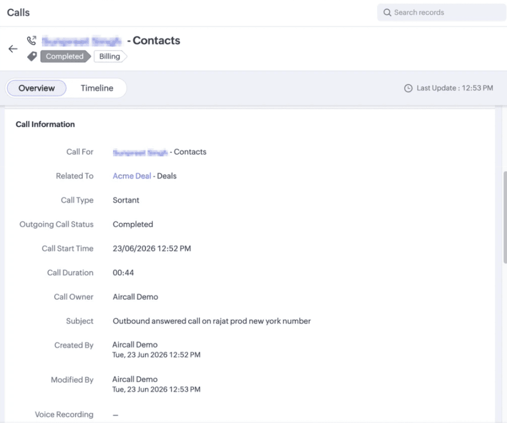 Call details in Zoho
