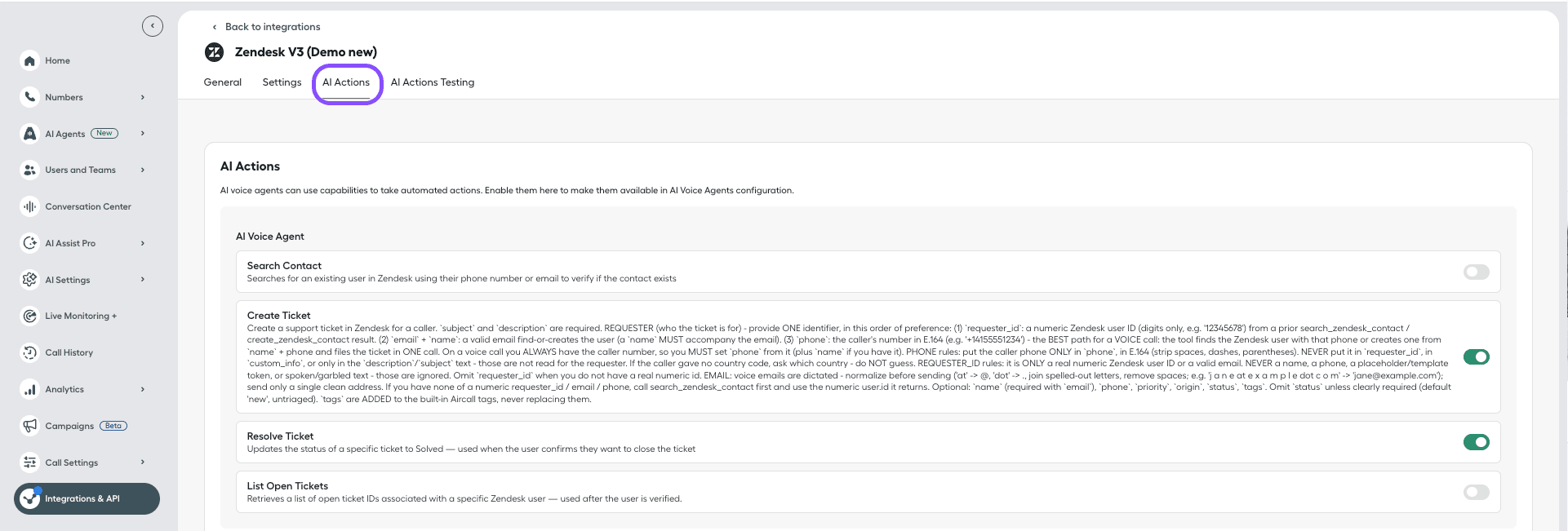 AI Actions toggles in Zendesk integration