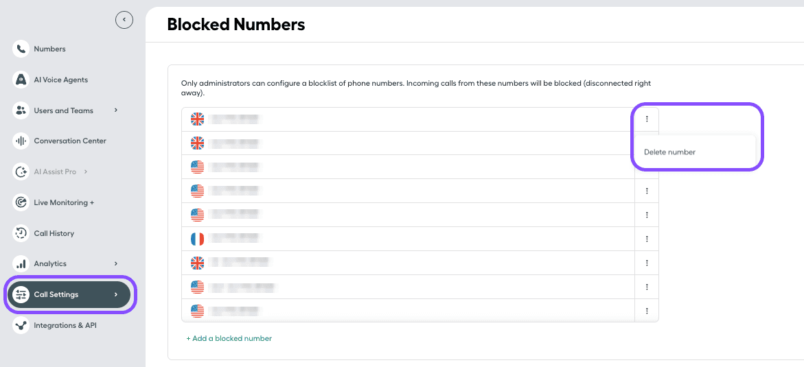 Immagine che mostra l'opzione per eliminare il Numero nell'elenco dei Numeri bloccati