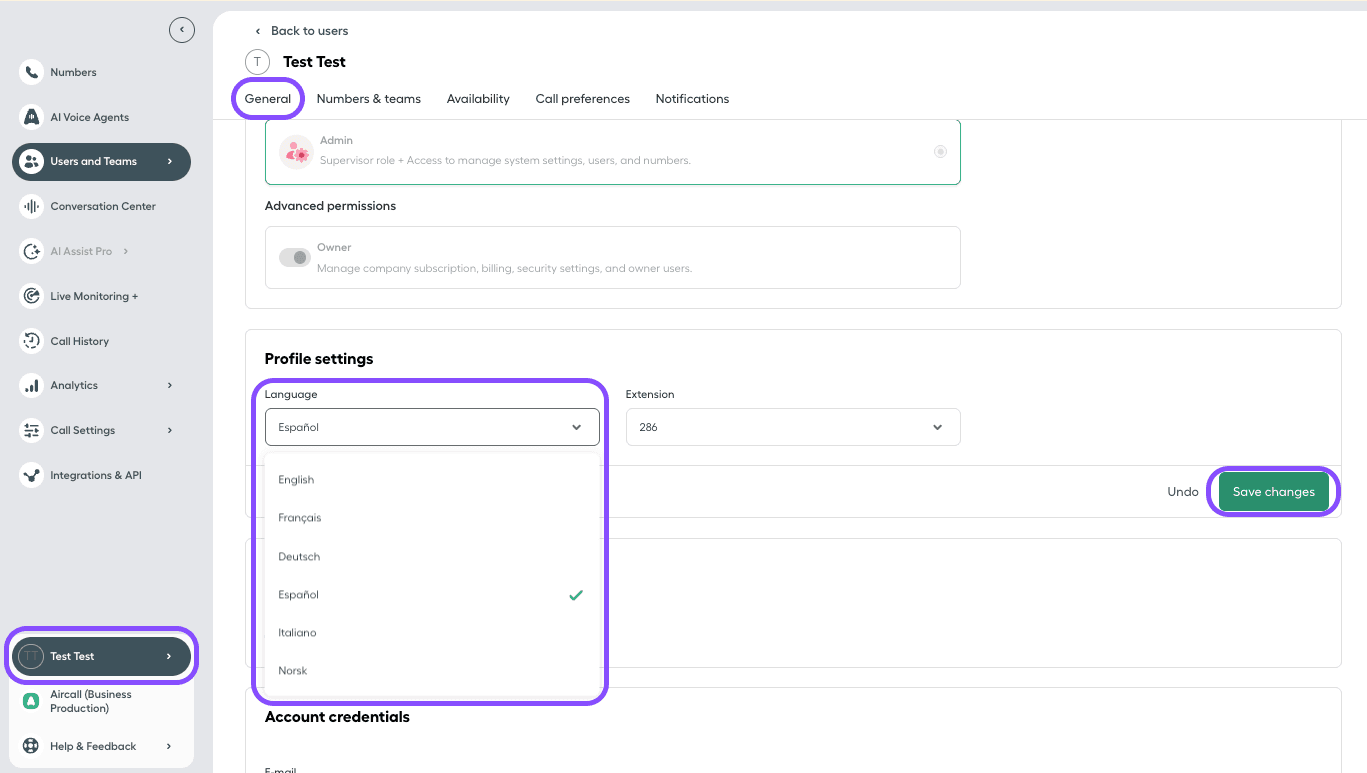 Immagine che mostra come modificare la lingua nel Dashboard di Aircall