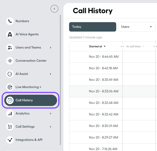 Immagine che mostra dove trovare la scheda Cronologia nel Dashboard Aircall