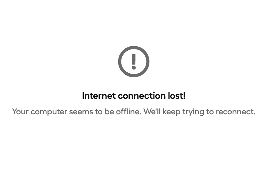 immagine che mostra il messaggio 'Connessione Internet persa!'