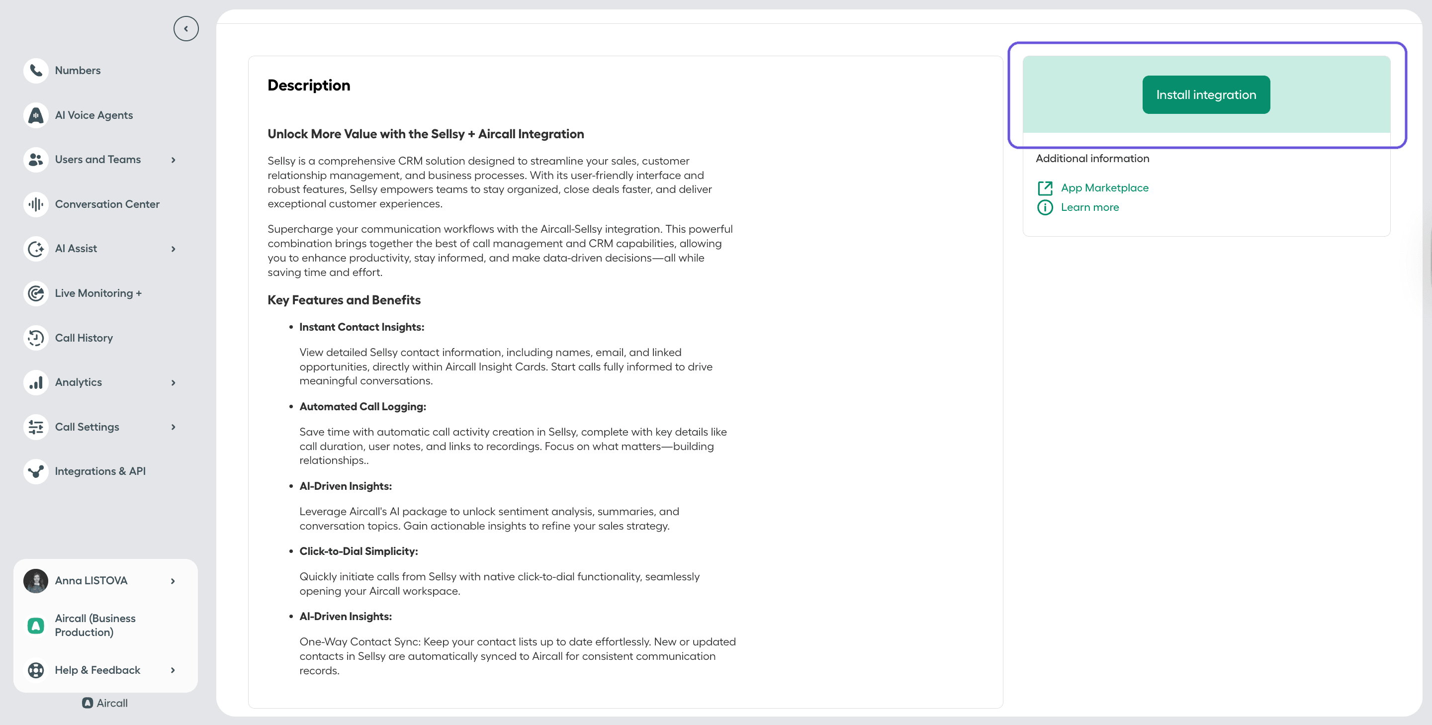 Pagina di descrizione dell'integrazione Sellsy con il pulsante Installa integrazione evidenziato.png