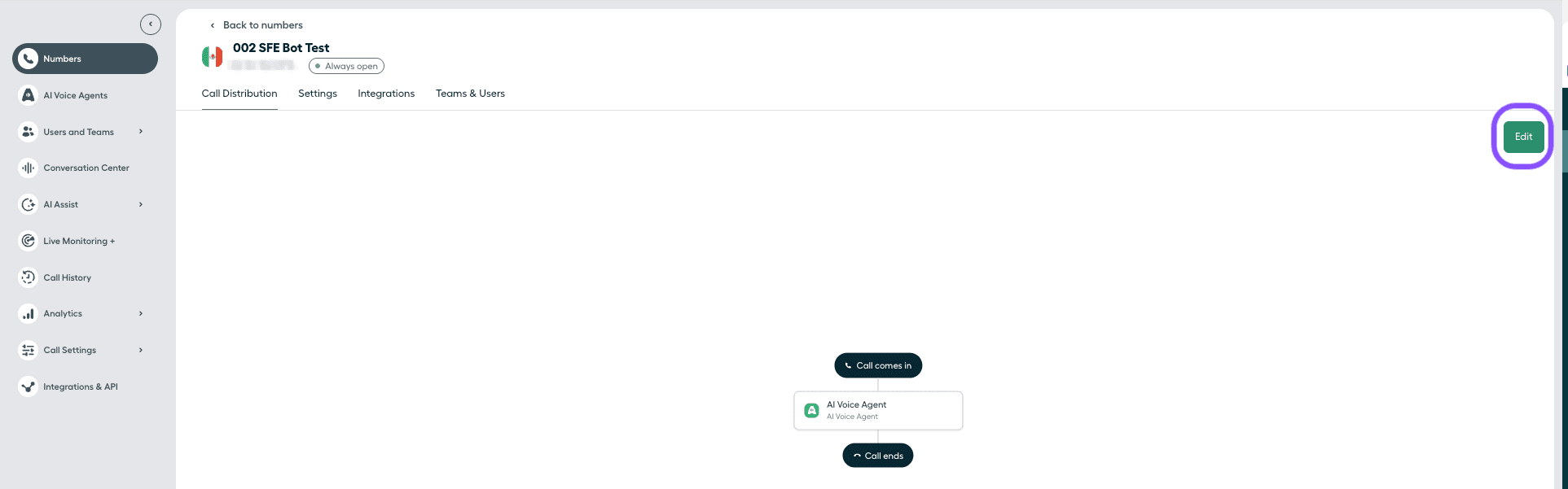 Immagine che mostra come modificare la Distribuzione delle chiamate in Smartflows