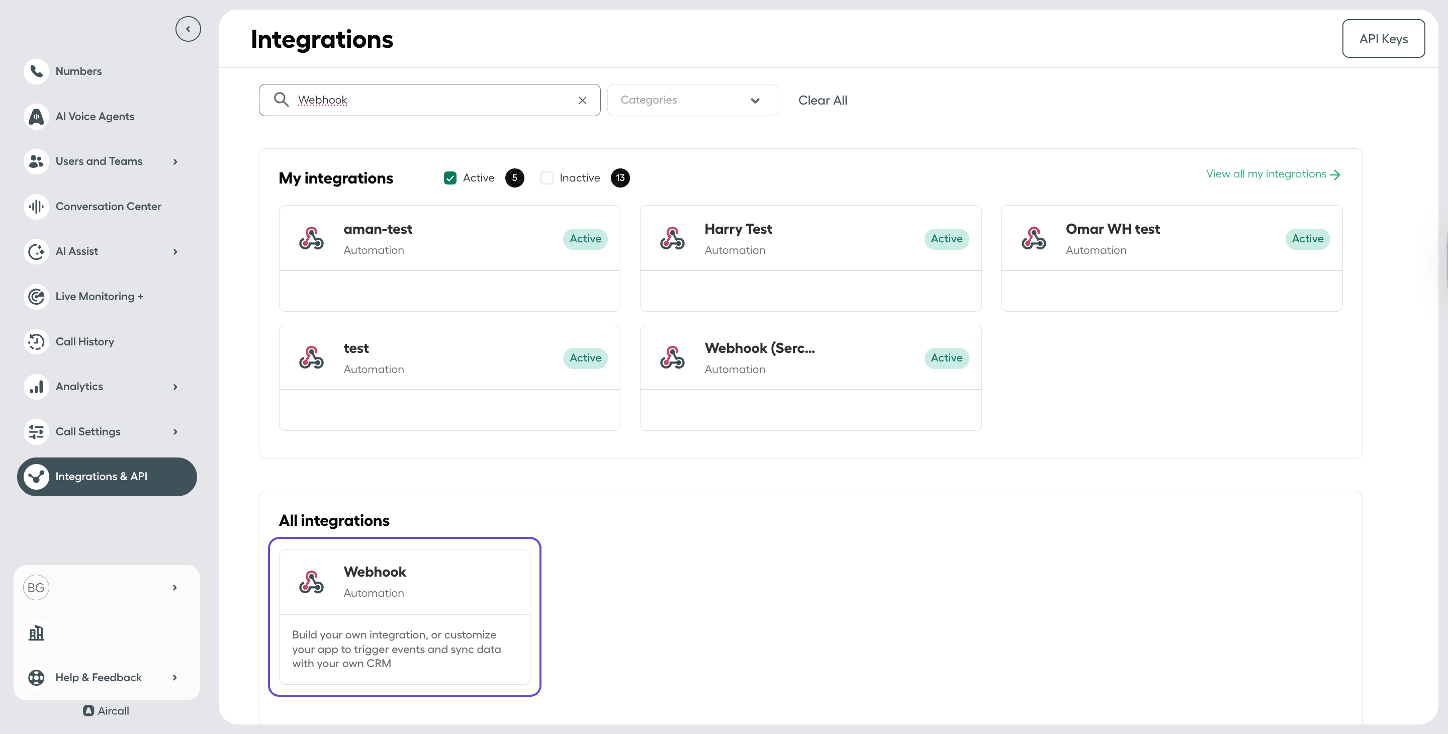 Pagina Integrazioni di Aircall che mostra diverse integrazioni webhook esistenti.png