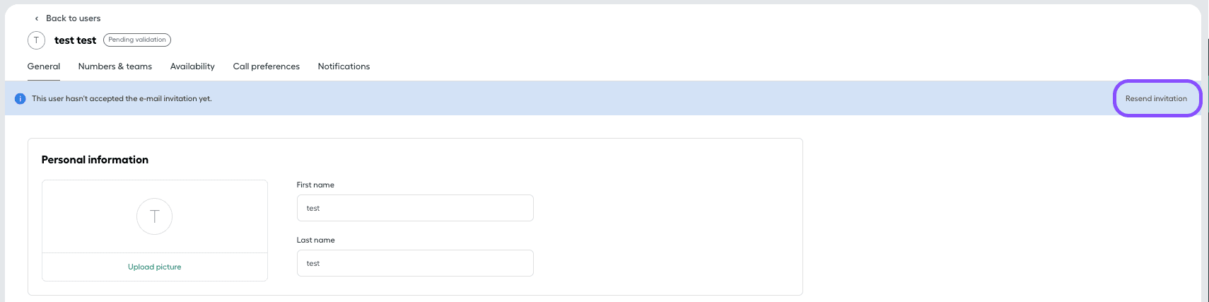 Immagine che mostra il pulsante per inviare nuovamente l'invito