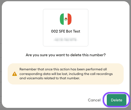 Immagine che mostra il pop-up di conferma dell'eliminazione del numero