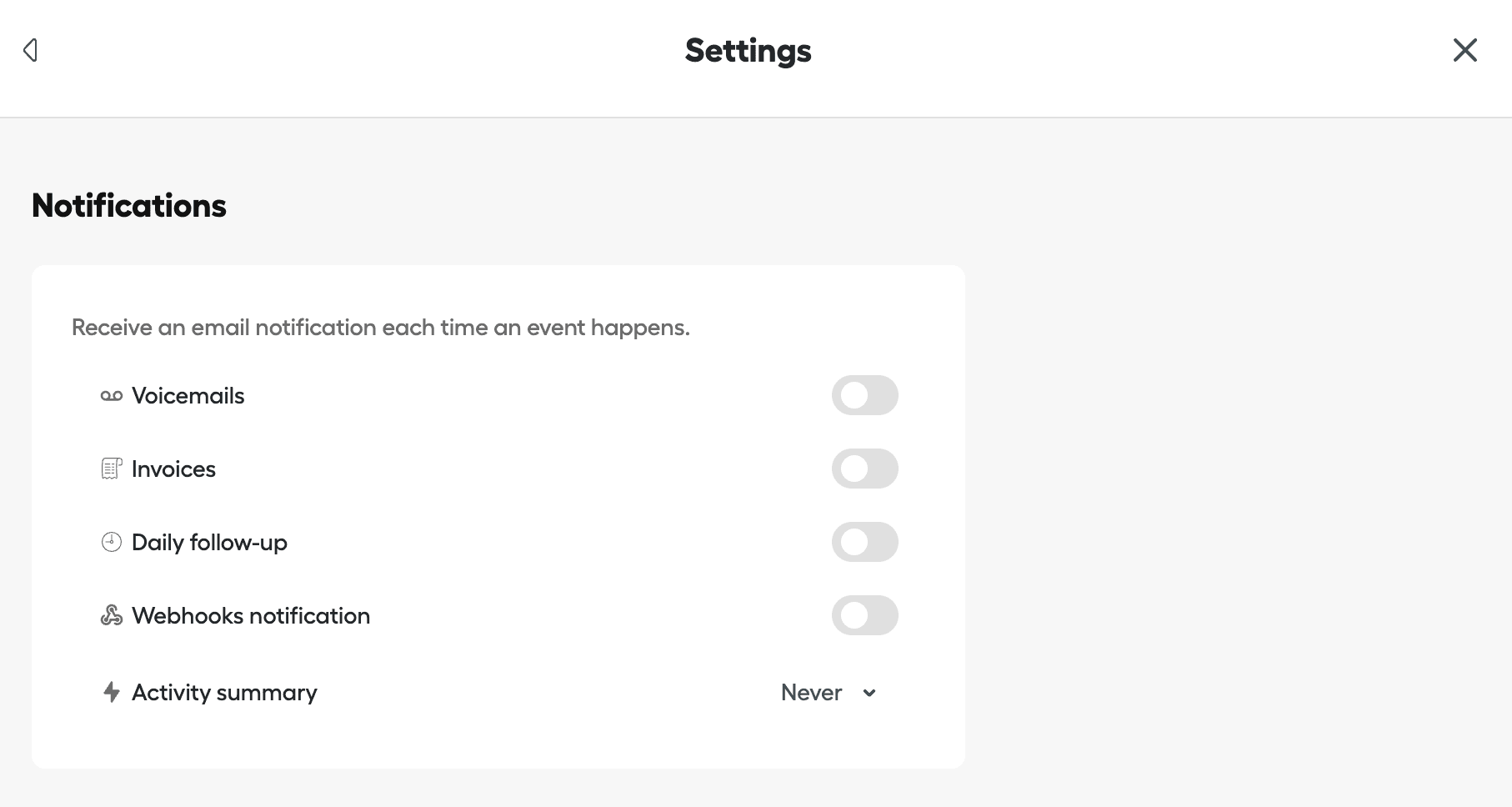 immagine che mostra le impostazioni delle Notifiche via email in Aircall Workspace