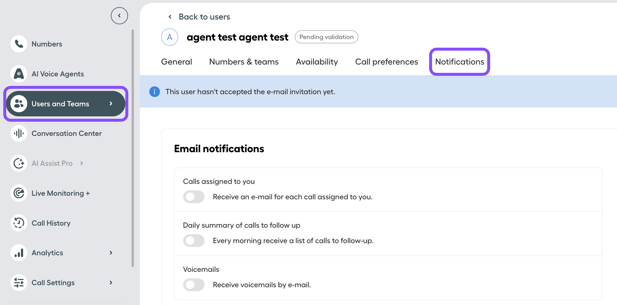 Immagine che mostra le impostazioni delle Notifiche via email nel Dashboard Aircall