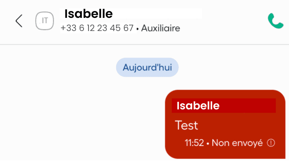 Schermata di una conversazione WhatsApp che mostra uno scambio di messaggi con un contatto di nome Isabelle. L'utente ha inviato un messaggio con il testo “Test” alle 11:52, contrassegnato in rosso con un'icona di avviso e la nota “Non envoyé” (non inviato), che indica che la consegna del messaggio non è riuscita