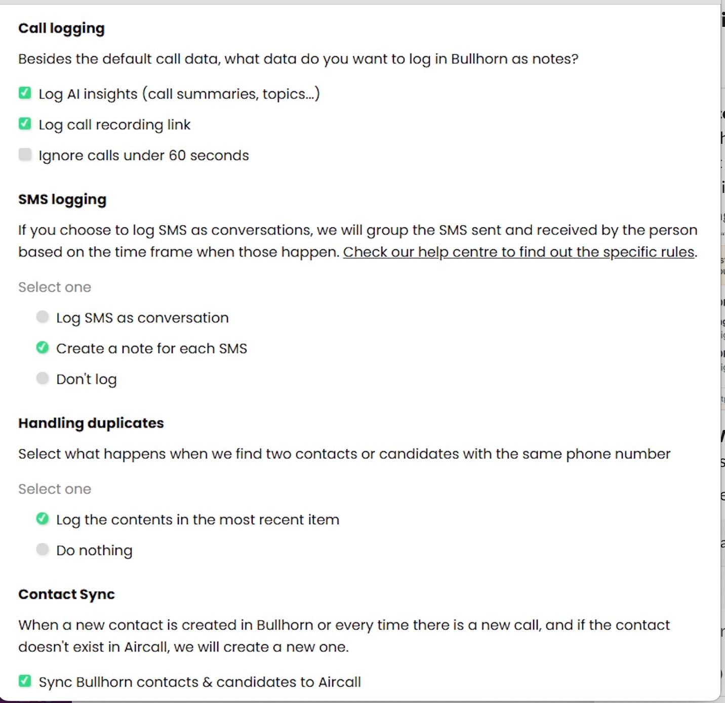 Immagine che mostra le opzioni della schermata delle Impostazioni Aircall <> Bullhorn