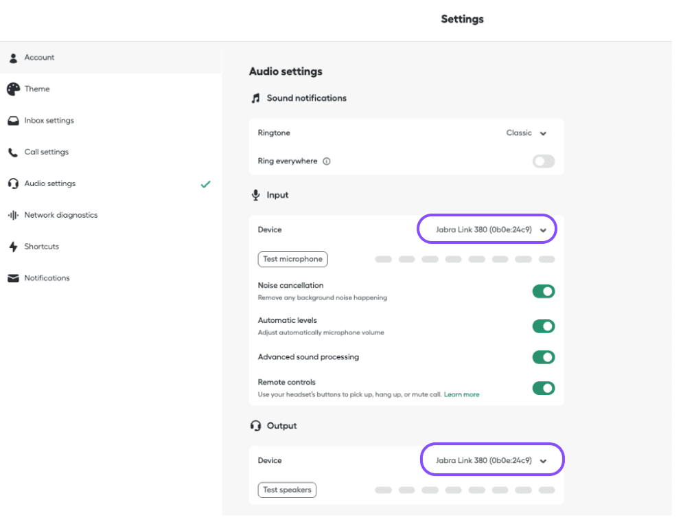 Impostazioni di Aircall Workspace