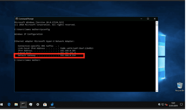 Esempio di output con il campo Gateway predefinito evidenziato